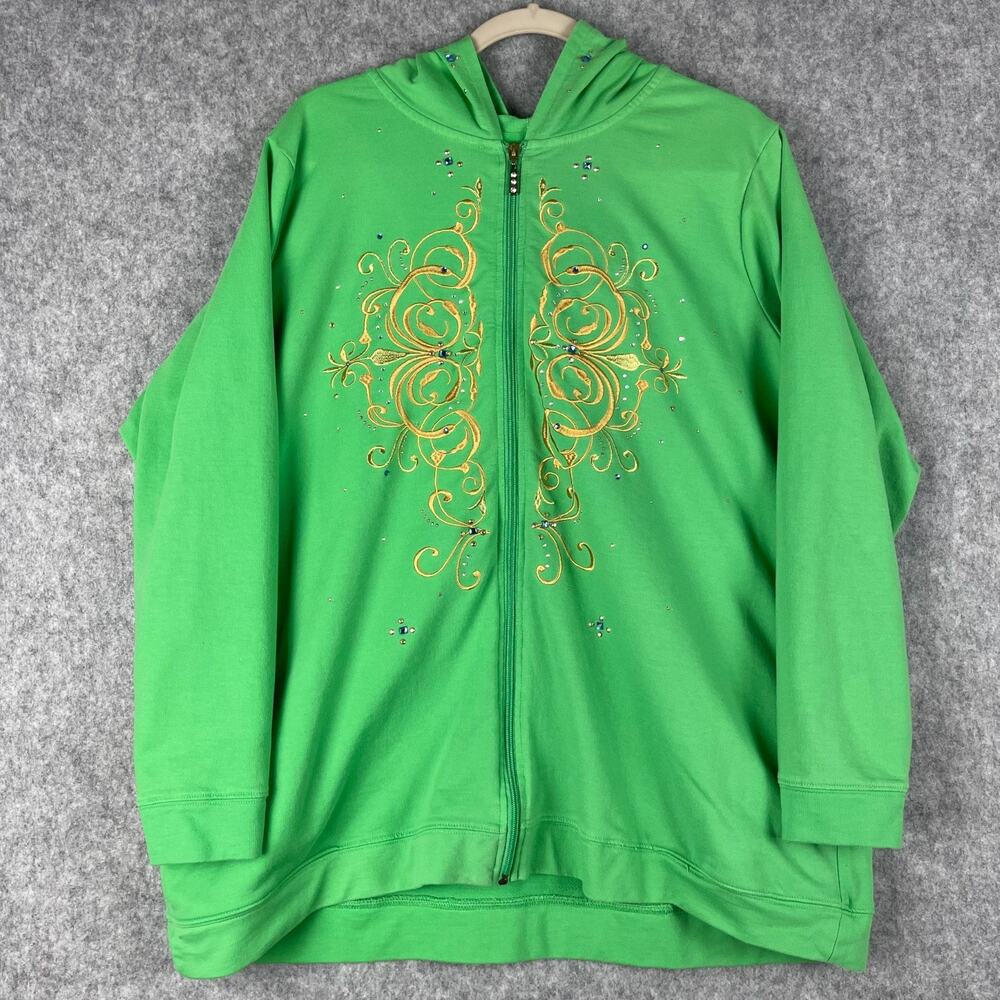 Quacker Factory Sweatshirt Hoodie Womens 2X Green Embroidered Rhinestone Artsy